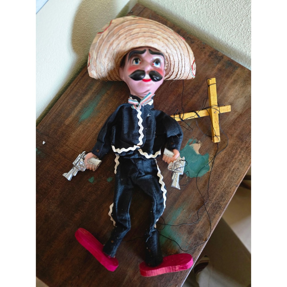 Vintage Mexican Marionette Puppet Charro Vaquero Sombrero Dual Pistols Folk Art
